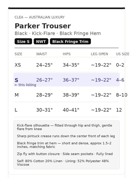 CLEA Parker Trouser Black S NWT Fringe Hem Kick Flare Cotton Linen Pintuck - Picture 14 of 16